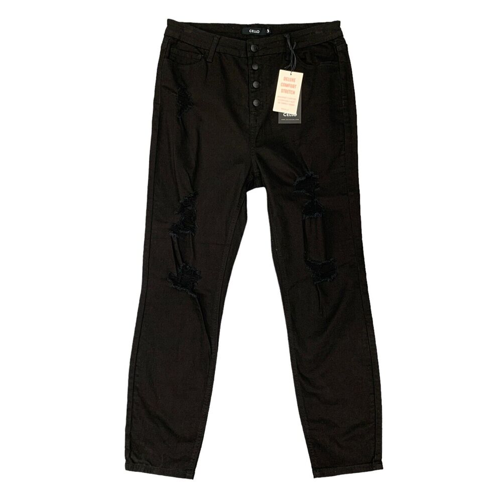 Cello Jeans Womens 13 Black Skinny Deluxe Comfort Stretch Distressed Button Fly